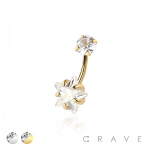 DOUBLE PRONG SET STAR CZ 316L SURGICAL STEEL NON DANGLE BELLY RING